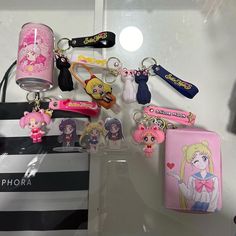 various keychains and other items are on display