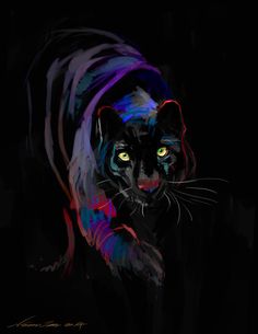 a painting of a black cat with green eyes and purple tail, on a dark background