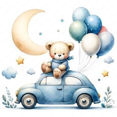 a painting of a teddy bear sitting on top of a car with balloons in the air