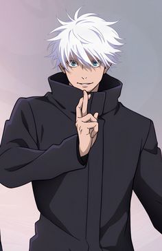 an anime character with white hair wearing a black hoodie and pointing to the side