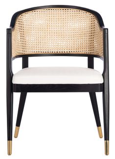 a black and white chair with gold legs