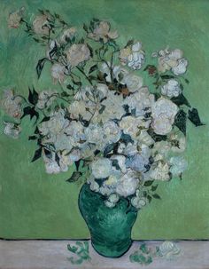 a painting of white flowers in a green vase