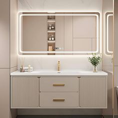 a bathroom with a sink, mirror and lights on the wall above it's counter