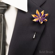 "Purple/Gold Kanzashi Flower Lapel Stick Pin with 6mm Swarovski Smoked Topaz Crystal SIZE: 1.5\"-1.8\" Comes in a luxury Black box with Non-Tarnish Cotton. NOTE Please note, that items may not be as large as they appear! Because every item is handmade (each petal one by one), flower shape may slightly vary! While every effort is made to accurately represent the true colors of the ribbon/fabric used in my work, your monitor settings may affect the appearance of these colors on your screen!" Lapel Flower Wedding, Flower Men, Necktie Crafts, Zipper Crafts, Brooch Corsage, Flower Lapel, Fabric Flower Brooch, Flower Lapel Pin, Topaz Crystal