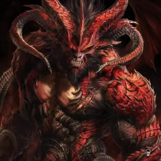 a red dragon with horns and claws on it's face