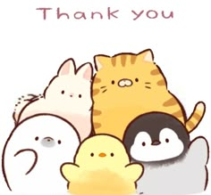 a group of cats and penguins with the words thank you written above them on a white background