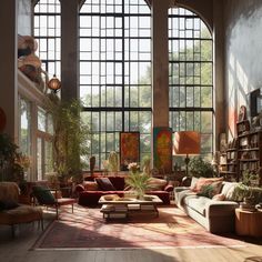 a large living room filled with lots of furniture and tall windowed windows above it