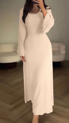 Lasaky - Relaxed Fit Long Sleeve Midi Dress with Side Slit Professional Dress For Women, Vestidos Retro, Vintage Long Dress, Long Sleeve Fitted Dress, Long Sleeve Evening Dresses, Dress Sleeve Styles, Solid Color Dress, Professional Dresses, Vestido Casual