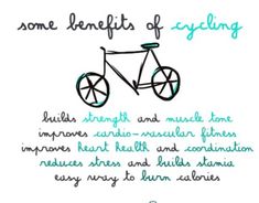 some benefits of cycling quote on white paper with blue and green ink, hand drawn illustration