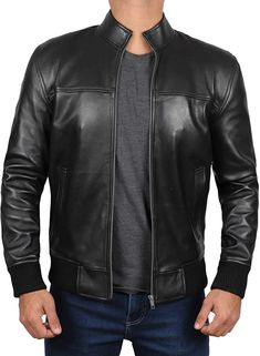 Black Motorcycle Leather Bomber Jackets Men’s Casual Black Leather Biker Jacket, Leather Jacket With Zipper For Motorcycling, Leather Jacket With Zipper Closure For Motorcycling, Biker Style Leather Jacket For Motorcycling, Black Leather Motorcycling Jacket, Black Leather Motorcycling Outerwear, Black Leather Jacket With Zipper Closure, Black Leather Biker Jacket For Streetwear, Black Leather Biker Jacket With Zipper Closure