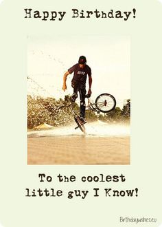 a happy birthday card with a photo of a man on a skateboard and the words to the coolest little guy i know