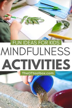 a young boy is painting leaves on a piece of wood with the words fun ideas for kids mindfulness activities