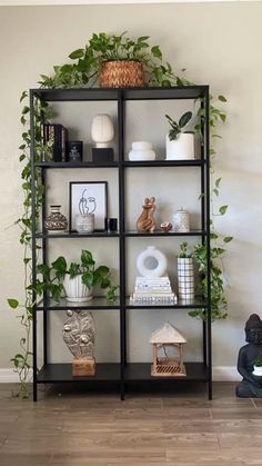 a book shelf with plants and pictures on it