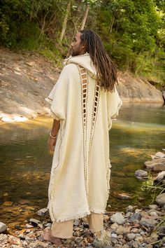 Boho Editorial Photography, Solarpunk Outfit, Wizard Fashion, Solarpunk Fashion, Mens Kimono Jacket, Hooded Kimono, Ritual Clothing, Poncho Men, Wizard Robes