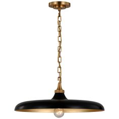 a black and gold pendant light hanging from a chain on an isolated ceiling fixture with a white background