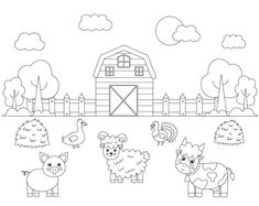 farm animals and barn coloring page