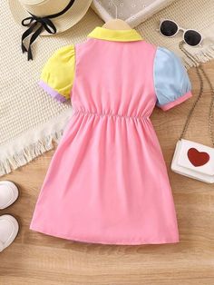 Casual Pink Spliced Dresses, Casual Pink Splicing Dresses, Casual Pink Dresses With Splicing, Casual Pink Dress With Contrast Color, Playful Multicolor Dresses For School, Pink Long Sleeve Color Block Dress, Playful Multicolor School Dresses, Multicolor Spliced Short Sleeve Dress, Cute Pink Cotton Puff Sleeve Dress