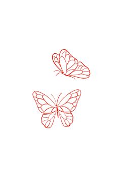 two red butterflies flying side by side on a white background, one is drawn and the other is drawn