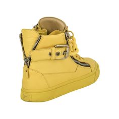 Guaranteed authentic Giuseppe Zanotti mens yellow leather high top sneakers.Yellow 'chain' detail across ankle. Zip detail along sides and rear of shoe. Silver logo plaque in front. Comes with signature box. Sneakers have light wear - see images.final saleSIZE 43.5USA SIZE 10.5CONDITION: EXCELLENT Yellow Leather High-top Sneakers With Rubber Sole, Yellow Leather Lace-up High-top Sneakers, Modern Yellow High-top Custom Sneakers, Custom Yellow Leather High-top Sneakers, Gold Leather High-top Sneakers With Branded Insole, Gold Leather High-top Sneakers With Round Toe, Gold Leather High-top Sneakers, Luxury Low-top Yellow Custom Sneakers, Luxury Yellow Sneakers With Round Toe