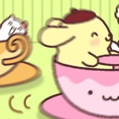 a drawing of a bear eating out of a bowl with another animal in the background