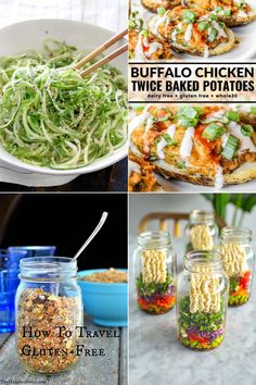 several different pictures with food in them and the words buffalo chicken twice baked potatoes below