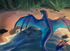 a blue dragon sitting on top of a body of water