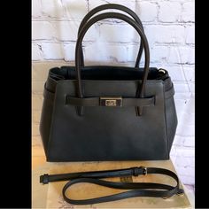 Kate Spade Lucia Refined Grain Leather Medium Satchel In Black.. Adjustable Strap And Be On Or Off Black Textured Leather Satchel For Work, Kate Spade Black Leather Satchel, Chic Black Textured Leather Satchel, Bags Kate Spade, On Or Off, Kate Spade Bags, Kate Spade Bag, Black Color, Satchel