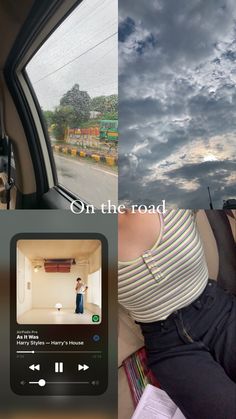 a woman sitting in the back seat of a car next to an image of clouds