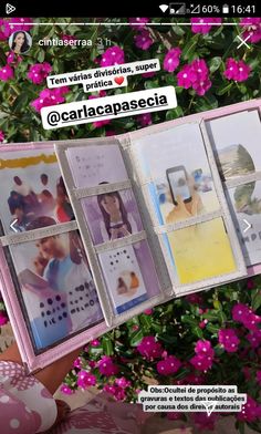 an open book with pictures on it in front of some pink flowers and purple flowers