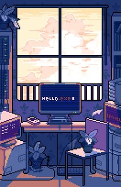 a computer screen with the word hello kitty on it in front of a desk and chair