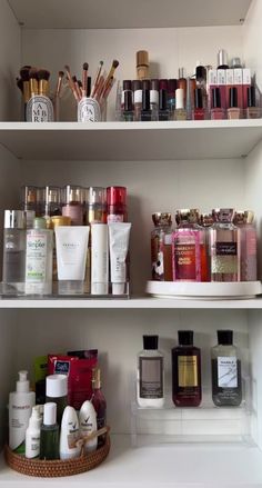 the shelves are filled with different types of beauty products