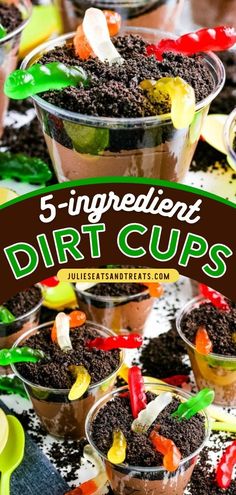 dirt cups with the title 5 ingredient dirt cups overlayed on top of each other