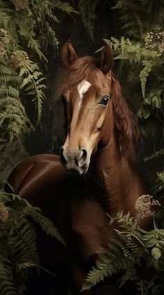 a brown horse standing in the middle of a forest filled with green plants and trees