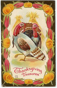 an old thanksgiving card with two turkeys on it