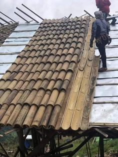 a man standing on top of a metal roof next to a wooden pole and ladder