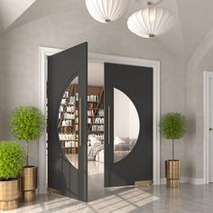 an open door leading to a library with bookshelves and potted plants on the floor