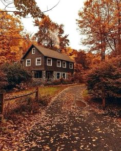 a house in the fall with leaves on the ground and trees all around it,