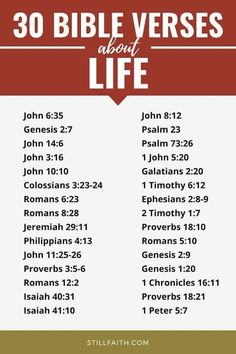 the 30 bible verses about life with red and white lettering on a brown background