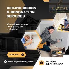 a flyer for a home renovation company with images of men working on the walls and ceiling