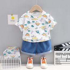 Boys Summer Dinosaur T-shirt And Shorts Set Little Boys Wholesale Clothing Cheap Summer Dinosaur Print T-shirt, Summer Dinosaur Print Shirt, Cheap Dinosaur Print Summer Shirt, Boys Summer, Boys Set, Baby Outfit, Summer Boy, T Shirt And Shorts