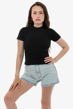 14R309 - 14/1 Rib Mock Neck Top – Los Angeles Apparel Fitted Basic Ribbed T-shirt, Trendy Fitted T-shirt With Ribbed Neckline, Classic Ribbed Fitted T-shirt, Basic Solid Top With Ribbed Neckline, Basic Top With Ribbed Neckline, Basic Solid Tops With Ribbed Neckline, Basic Fitted Ribbed Top, Basic Ribbed Fitted Top, Classic Fitted Tops With Ribbed Neckline