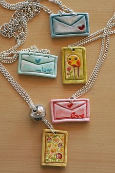 Necklaces Charms, Envelope Necklace, Necklace Charms, Polymer Jewelry, Salt Dough, Fimo Clay, Clay Design, Clay Necklace