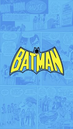 the batman logo is shown in this comic book cover, with blue background and yellow lettering