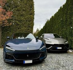 two black sports cars parked next to each other on a cobblestone road with trees in the background