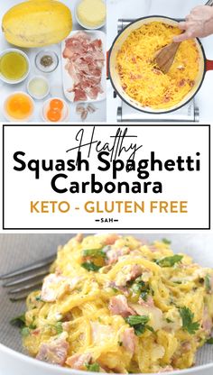 the recipe for squash spaghetti carbonara is shown in front of an image with text overlay