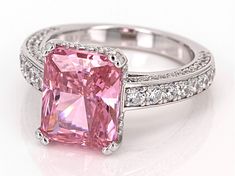 Bella Luce® pink and white diamond simulant 10.50ctw rectangle and round, rhodium over sterling silver ring. Measures approximately 0.88" L x 0.44" W and is not sizeable. The diamond equivalent weight is 6.36ctw. Dazzling Pink Emerald Cut Ring, Pink Emerald-cut Diamond Ring With Accents, Pink Emerald Cut Diamond Ring With Accents, Formal Pink Sterling Silver Diamond Ring, Dazzling Pink Emerald Cut Jewelry, Luxury Pink Rectangular Jewelry, Luxury Pink Diamond Ring In Sterling Silver, Pink Brilliant Cut Diamond Ring In Sterling Silver, Luxury Pink Sterling Silver Diamond Ring