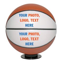 a basketball on a stand with your logo, text or image printed on the ball