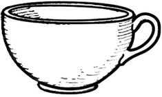 a black and white drawing of a coffee cup