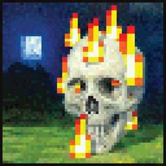 a pixellated image of a skull with fire coming out of it's head