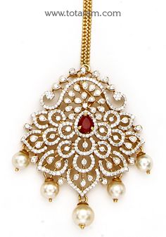 18 karat gold "detachable" diamond maang tikka cum pendant - papidi billa with color stones & south sea pearls
  this product can be used as pendant.
  this product has inter changeable stones in the pendant. 
  gross weight of the pendant without chain : 13.650 grams
  gross weight of the chain without pendant : 1.850 grams
  length of the pendant : 2.20 inches
  width of the pendant :  1.40 inches
 - 235-GT472 - in 15.500 Grams for USD $3,461.79 USD. 
Made in India by Totaram Jewelers Online t Diwali Diamond Pendant Jewelry, Traditional Cubic Zirconia Diamond Necklace, Traditional American Diamond Necklace, Diamond Bridal Necklace In Temple Jewelry Style For Diwali, Traditional Diamond Necklace With Single Cut Diamonds For Reception, Diamond Temple Jewelry Bridal Necklace For Diwali, Traditional Diamond Necklace With Accents For Festive Occasions, Traditional Diamond Necklace For Festive Occasions, Traditional Single Cut Diamond Necklace For Reception